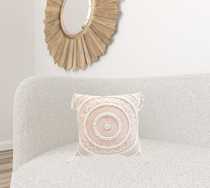 18" X 18" Peach And White Geometric Zippered Polyester And Cotton Blend Throw Pillow With Tassels FurniFindUSA