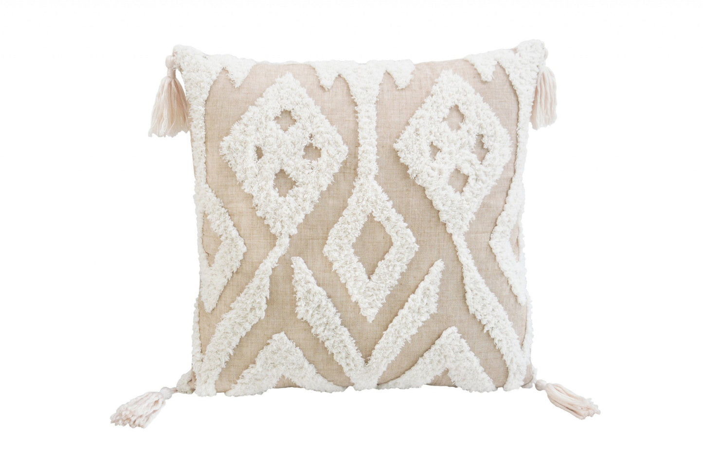 17" X 17" Beige And White Ikat Zippered Polyester Throw Pillow With Tassels FurniFindUSA