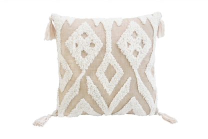 17" X 17" Beige And White Ikat Zippered Polyester Throw Pillow With Tassels FurniFindUSA