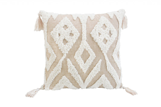 17" X 17" Beige And White Ikat Zippered Polyester Throw Pillow With Tassels FurniFindUSA