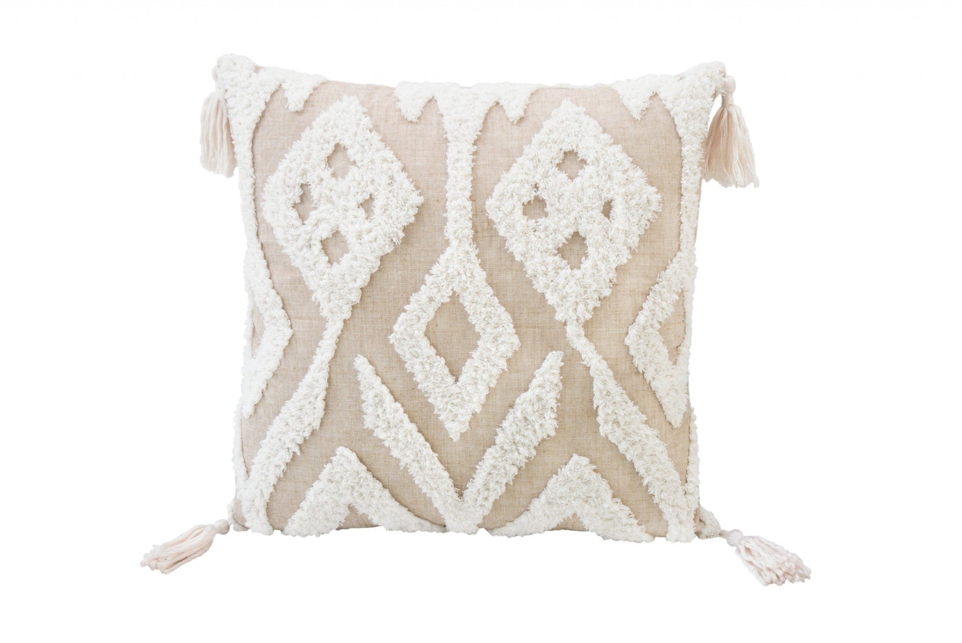 17" X 17" Beige And White Ikat Zippered Polyester Throw Pillow With Tassels FurniFindUSA
