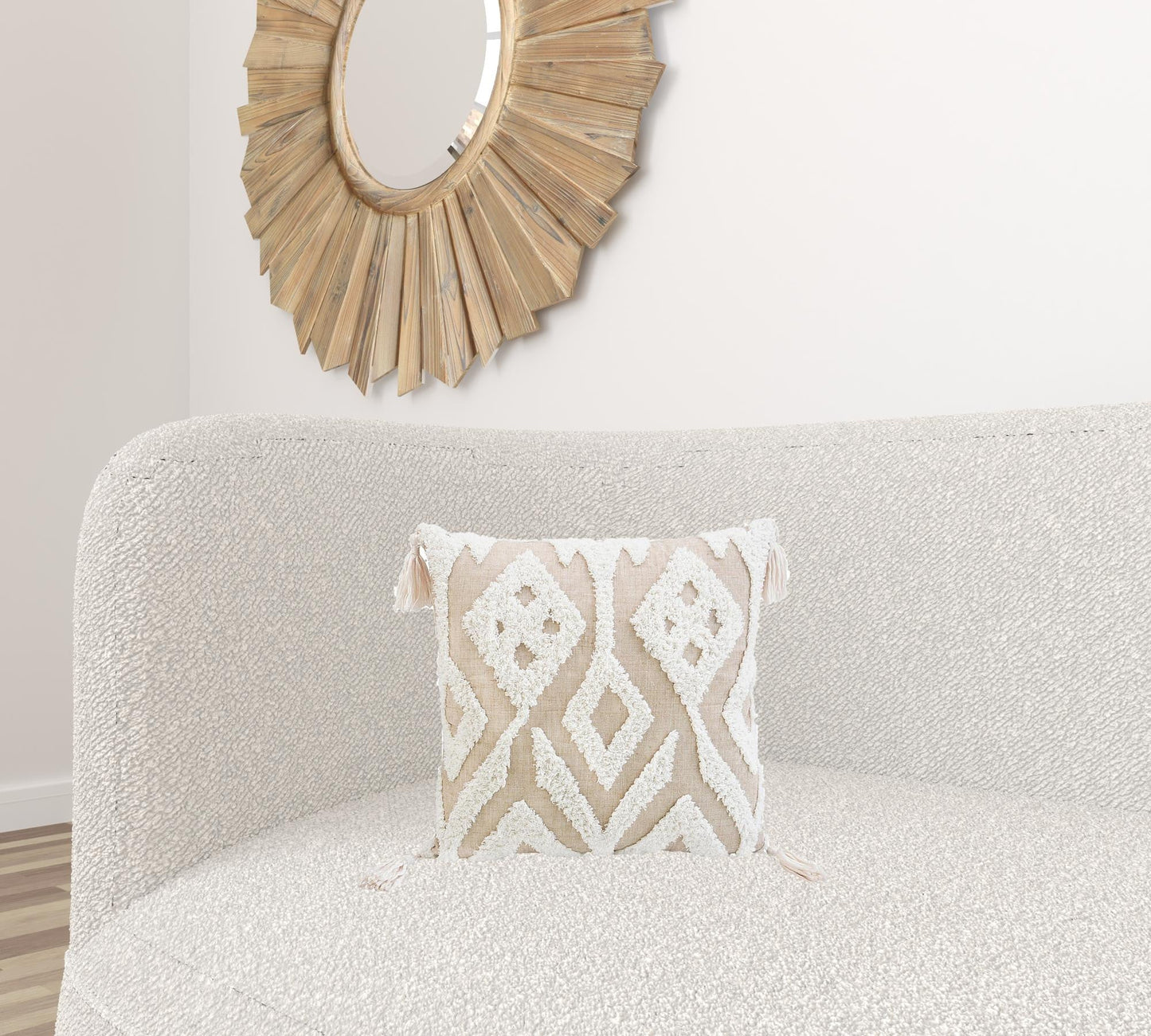 17" X 17" Beige And White Ikat Zippered Polyester Throw Pillow With Tassels FurniFindUSA