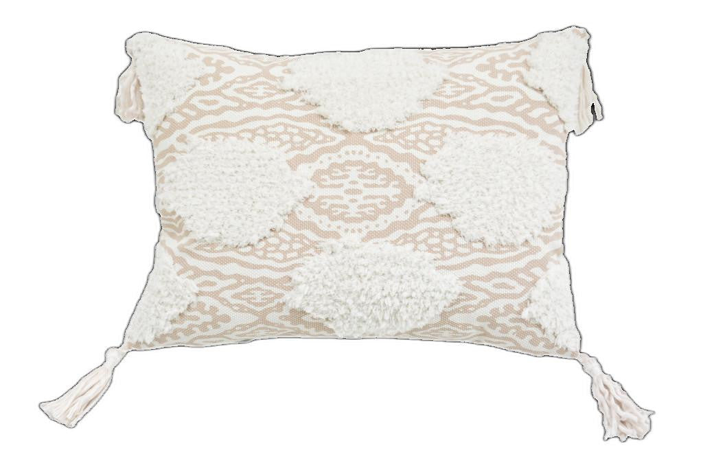13" X 18" Beige And White Ogee Zippered Polyester And Cotton Blend Throw Pillow With Tassels FurniFindUSA