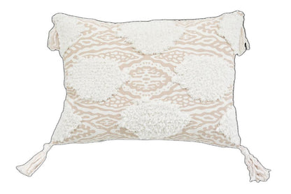 13" X 18" Beige And White Ogee Zippered Polyester And Cotton Blend Throw Pillow With Tassels FurniFindUSA