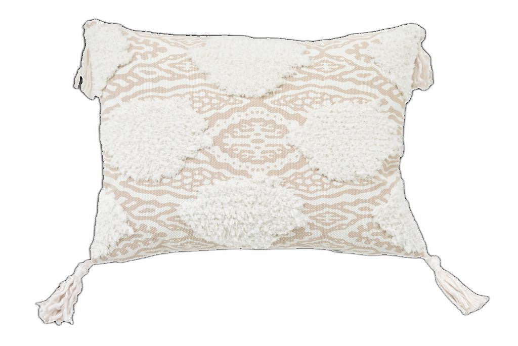 13" X 18" Beige And White Ogee Zippered Polyester And Cotton Blend Throw Pillow With Tassels FurniFindUSA