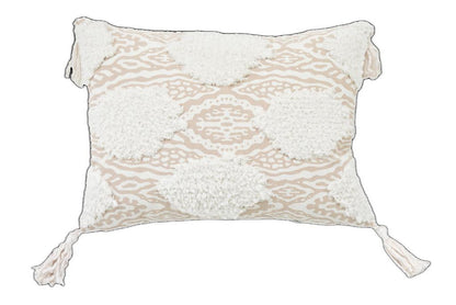 13" X 18" Beige And White Ogee Zippered Polyester And Cotton Blend Throw Pillow With Tassels FurniFindUSA