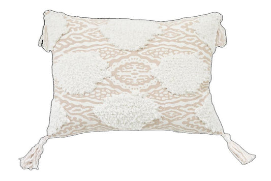 13" X 18" Beige And White Ogee Zippered Polyester And Cotton Blend Throw Pillow With Tassels FurniFindUSA