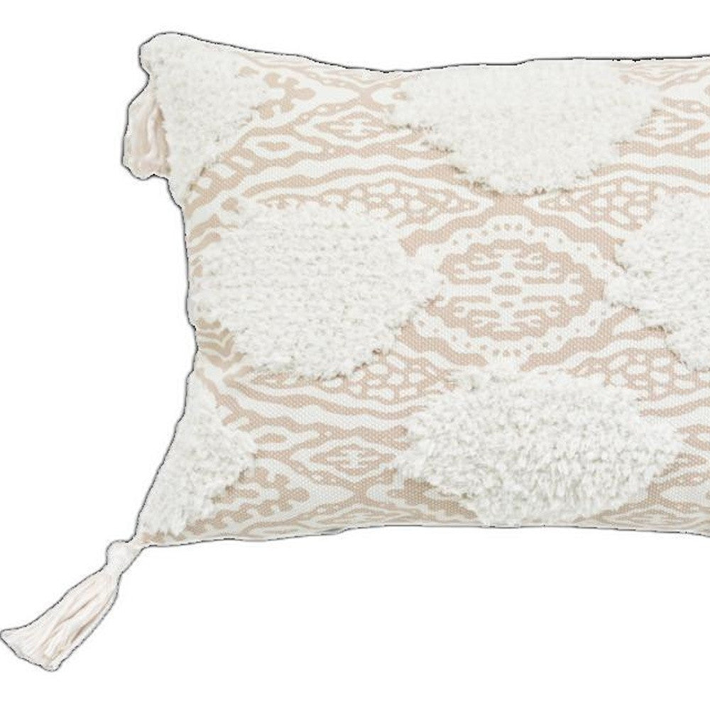 13" X 18" Beige And White Ogee Zippered Polyester And Cotton Blend Throw Pillow With Tassels FurniFindUSA