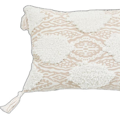 13" X 18" Beige And White Ogee Zippered Polyester And Cotton Blend Throw Pillow With Tassels FurniFindUSA