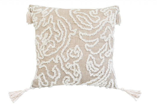 17" X 17" Beige And White Abstract Zippered Polyester Throw Pillow With Tassels FurniFindUSA