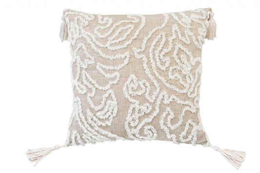 17" X 17" Beige And White Abstract Zippered Polyester Throw Pillow With Tassels FurniFindUSA