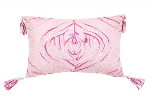 13" X 20" Pink White And Silver Abstract Zippered Polyester Throw Pillow With Tassels FurniFindUSA