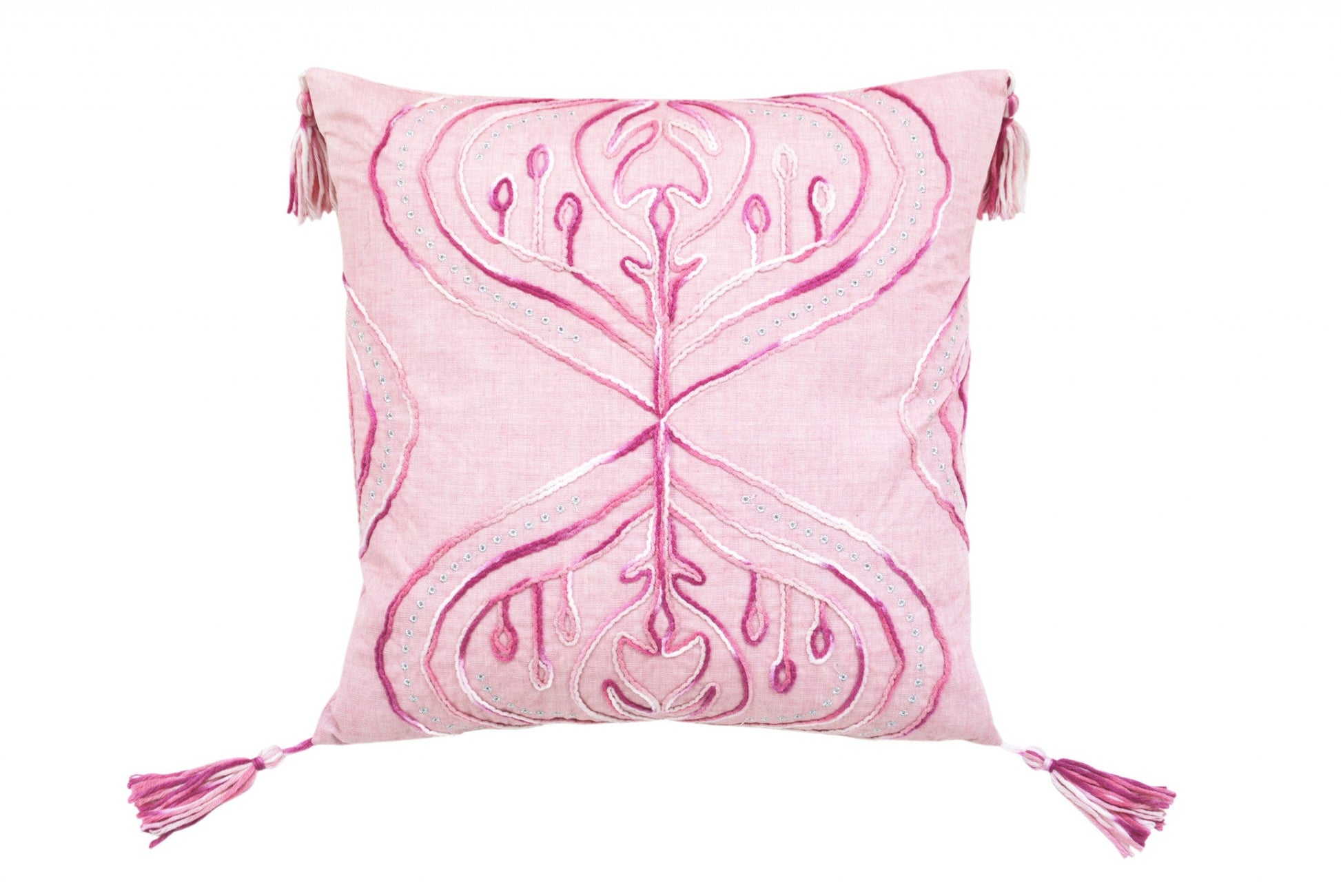 17" X 17" Pink White And Silver Abstract Zippered Polyester Throw Pillow With Tassels FurniFindUSA