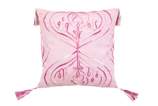 17" X 17" Pink White And Silver Abstract Zippered Polyester Throw Pillow With Tassels FurniFindUSA