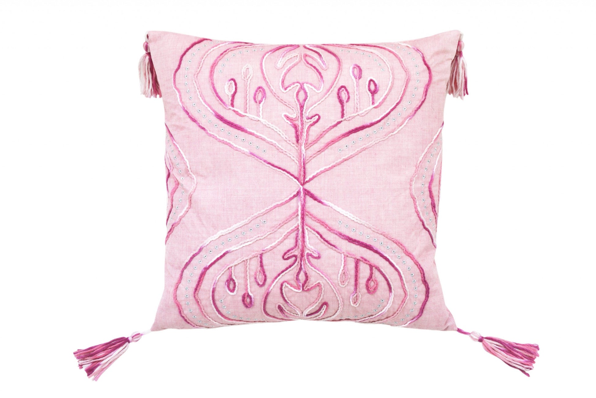 17" X 17" Pink White And Silver Abstract Zippered Polyester Throw Pillow With Tassels FurniFindUSA
