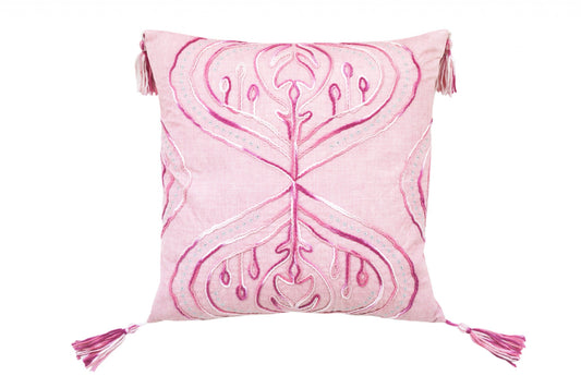 17" X 17" Pink White And Silver Abstract Zippered Polyester Throw Pillow With Tassels FurniFindUSA