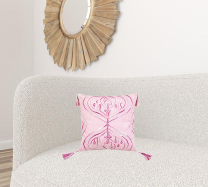 17" X 17" Pink White And Silver Abstract Zippered Polyester Throw Pillow With Tassels FurniFindUSA