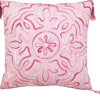17" X 17" Pink White And Silver Damask Zippered Polyester Throw Pillow With Tassels FurniFindUSA