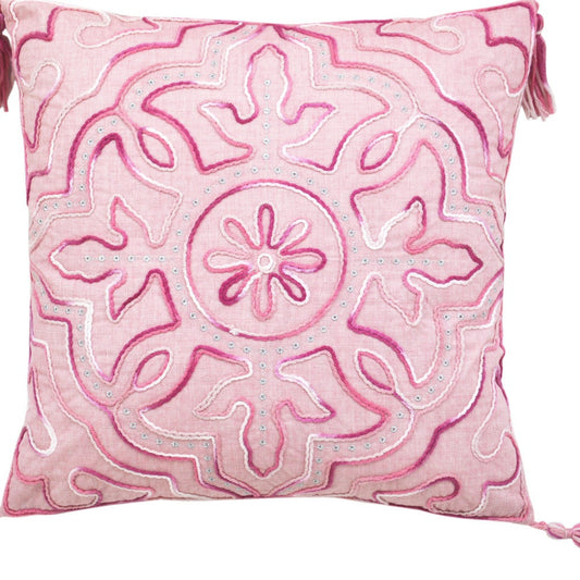 17" X 17" Pink White And Silver Damask Zippered Polyester Throw Pillow With Tassels FurniFindUSA
