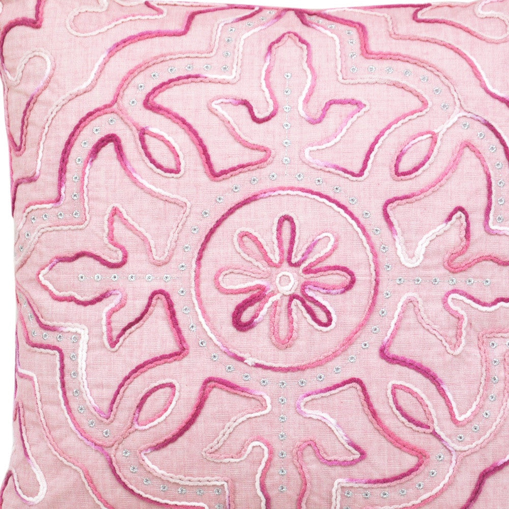 17" X 17" Pink White And Silver Damask Zippered Polyester Throw Pillow With Tassels FurniFindUSA