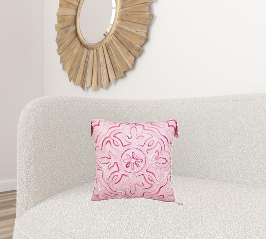 17" X 17" Pink White And Silver Damask Zippered Polyester Throw Pillow With Tassels FurniFindUSA