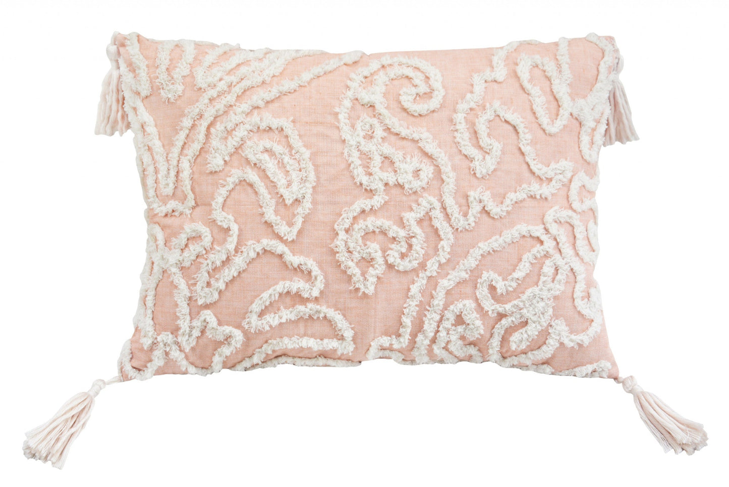 13" X 18" Beige and Ivory Damask Throw Pillow With Texture Embroidery and Tassles FurniFindUSA