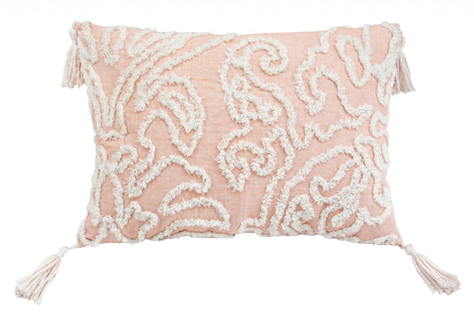 13" X 18" Beige and Ivory Damask Throw Pillow With Texture Embroidery and Tassles FurniFindUSA