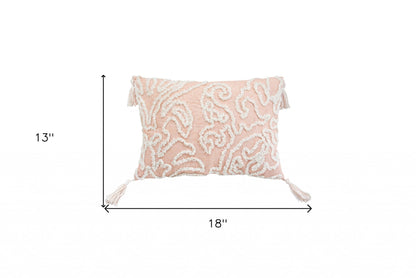 13" X 18" Beige and Ivory Damask Throw Pillow With Texture Embroidery and Tassles FurniFindUSA