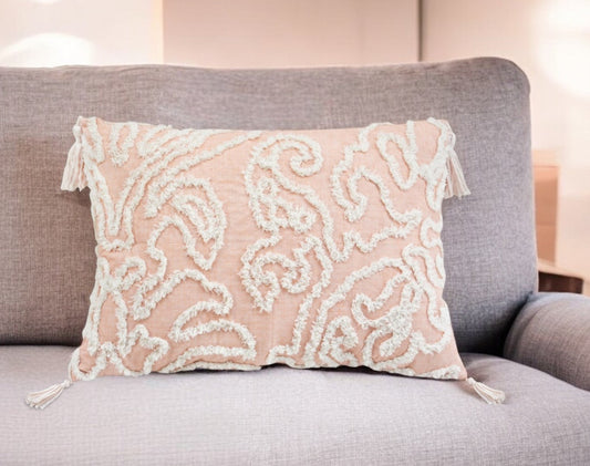 13" X 18" Beige and Ivory Damask Throw Pillow With Texture Embroidery and Tassles FurniFindUSA