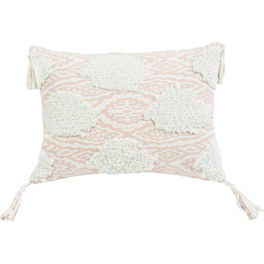 13" X 18" Peach And White Ogee Zippered Polyester And Cotton Blend Throw Pillow With Tassels FurniFindUSA