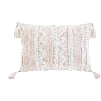 13" X 18" Beige And White Damask Zippered Polyester And Burlap Blend Throw Pillow With Tassels FurniFindUSA