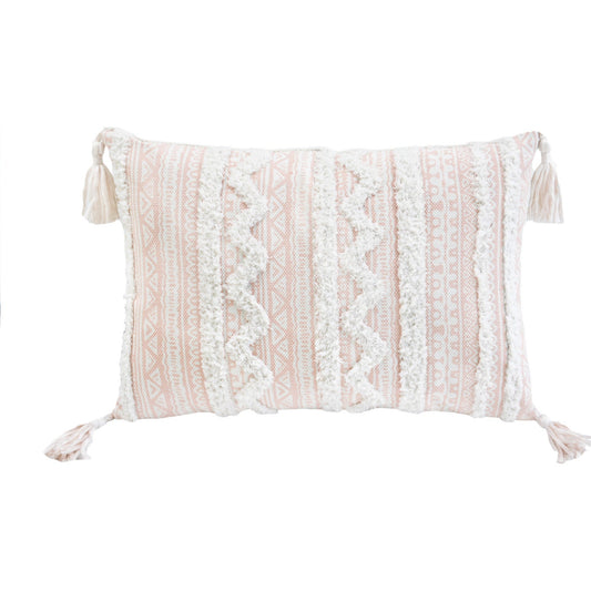 13" X 18" Beige And White Damask Zippered Polyester And Burlap Blend Throw Pillow With Tassels FurniFindUSA