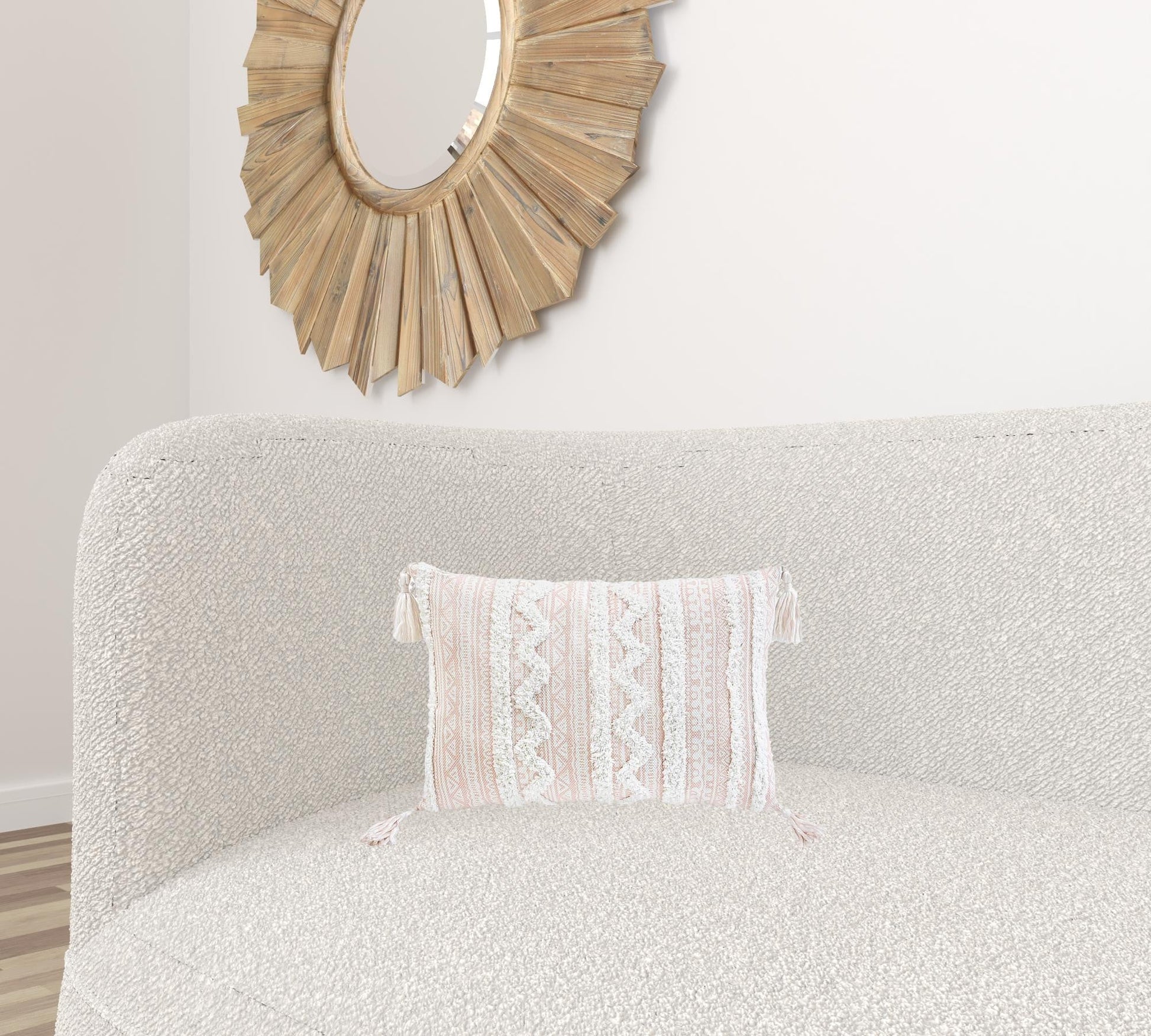 13" X 18" Beige And White Damask Zippered Polyester And Burlap Blend Throw Pillow With Tassels FurniFindUSA