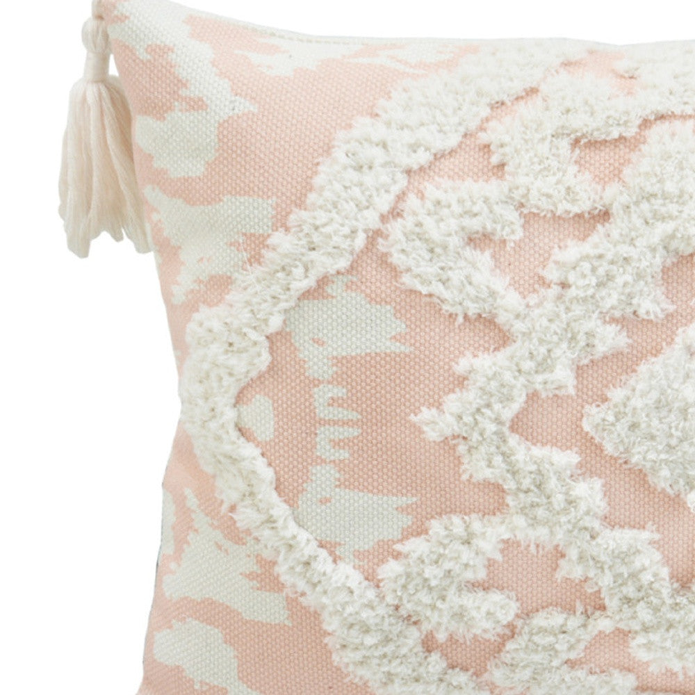 13" X 18" Peach and White Polyester and Cotton Blend Throw Pillow With Tassels FurniFindUSA