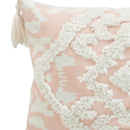 13" X 18" Peach and White Polyester and Cotton Blend Throw Pillow With Tassels FurniFindUSA