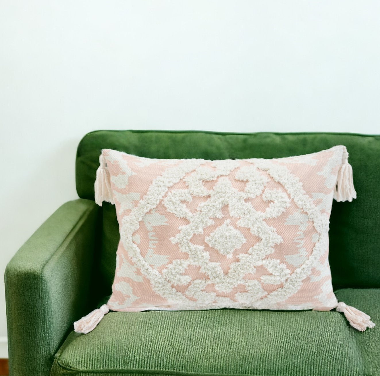 13" X 18" Peach and White Polyester and Cotton Blend Throw Pillow With Tassels FurniFindUSA