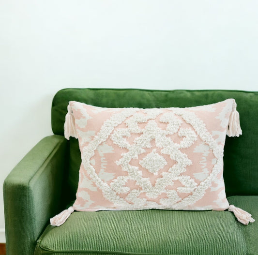 13" X 18" Peach and White Polyester and Cotton Blend Throw Pillow With Tassels FurniFindUSA