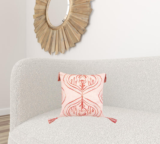 17" X 17" Coral Damask Zippered Polyester Throw Pillow With Tassels FurniFindUSA