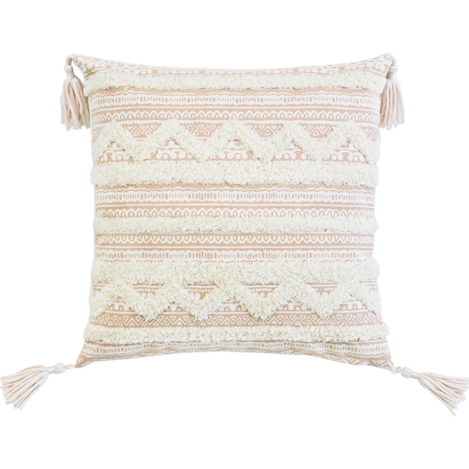 18" X 18" Beige And White Geometric Zippered Polyester And Cotton Blend Throw Pillow With Tassels FurniFindUSA