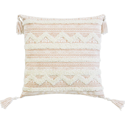 18" X 18" Beige And White Geometric Zippered Polyester And Cotton Blend Throw Pillow With Tassels FurniFindUSA