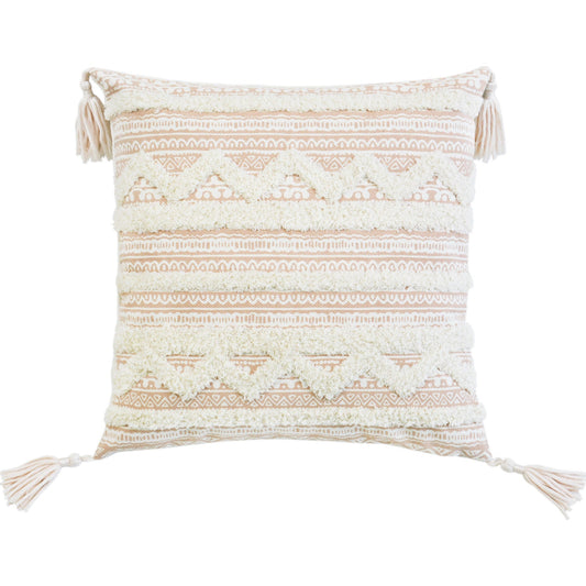 18" X 18" Beige And White Geometric Zippered Polyester And Cotton Blend Throw Pillow With Tassels FurniFindUSA
