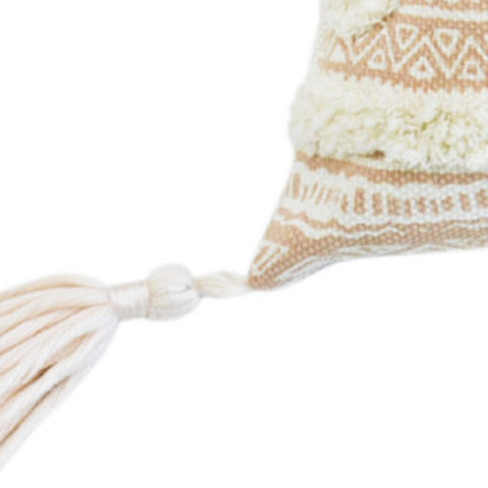 18" X 18" Beige And White Geometric Zippered Polyester And Cotton Blend Throw Pillow With Tassels FurniFindUSA