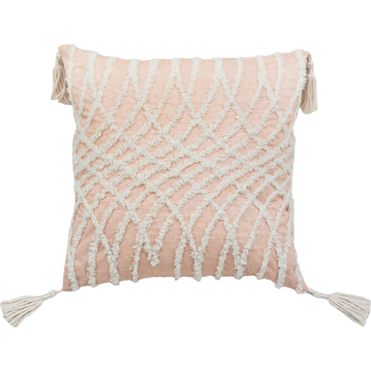 17" X 17" Beige And White Interlocking Zippered Polyester Throw Pillow With Tassels FurniFindUSA