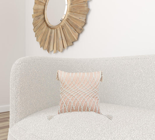 17" X 17" Beige And White Interlocking Zippered Polyester Throw Pillow With Tassels FurniFindUSA