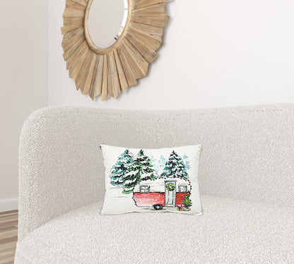 13" X 18" White Green And Red Zippered Polyester Christmas Holiday Van Throw Pillow FurniFindUSA