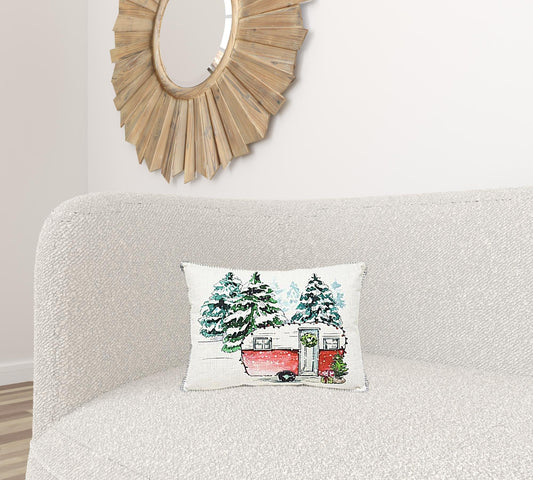 13" X 18" White Green And Red Zippered Polyester Christmas Holiday Van Throw Pillow FurniFindUSA