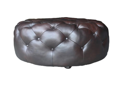 41" Brown Genuine Leather And Dark Brown Tufted Round Ottoman