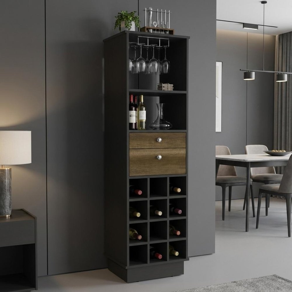 18" Black Wood and Solid Wood Bar Cabinet With Two Drawers HomeRoots