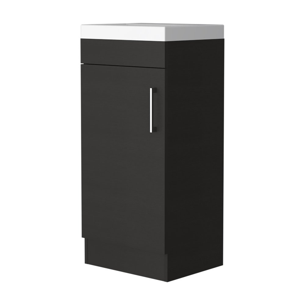 16" Black Wood Freestanding Single Door Bathroom Vanity With White Sink — view 1