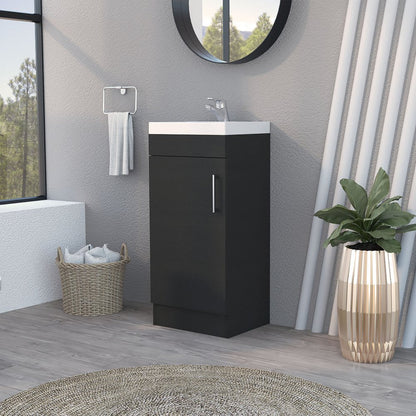16" Black Wood Freestanding Single Door Bathroom Vanity With White Sink HomeRoots